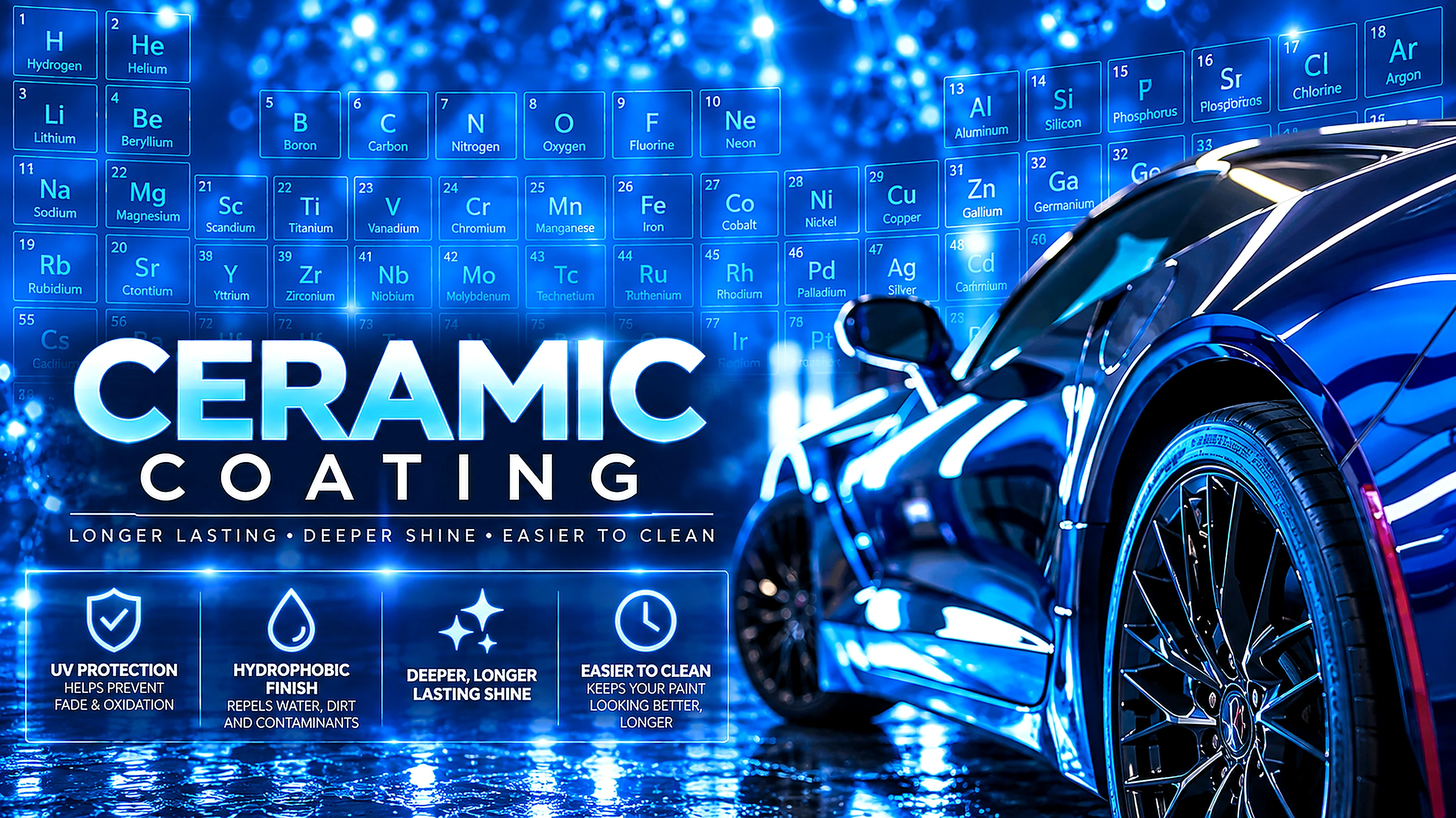 Ceramic coating benefits: UV protection, hydrophobic finish, deeper longer lasting shine, easier to clean