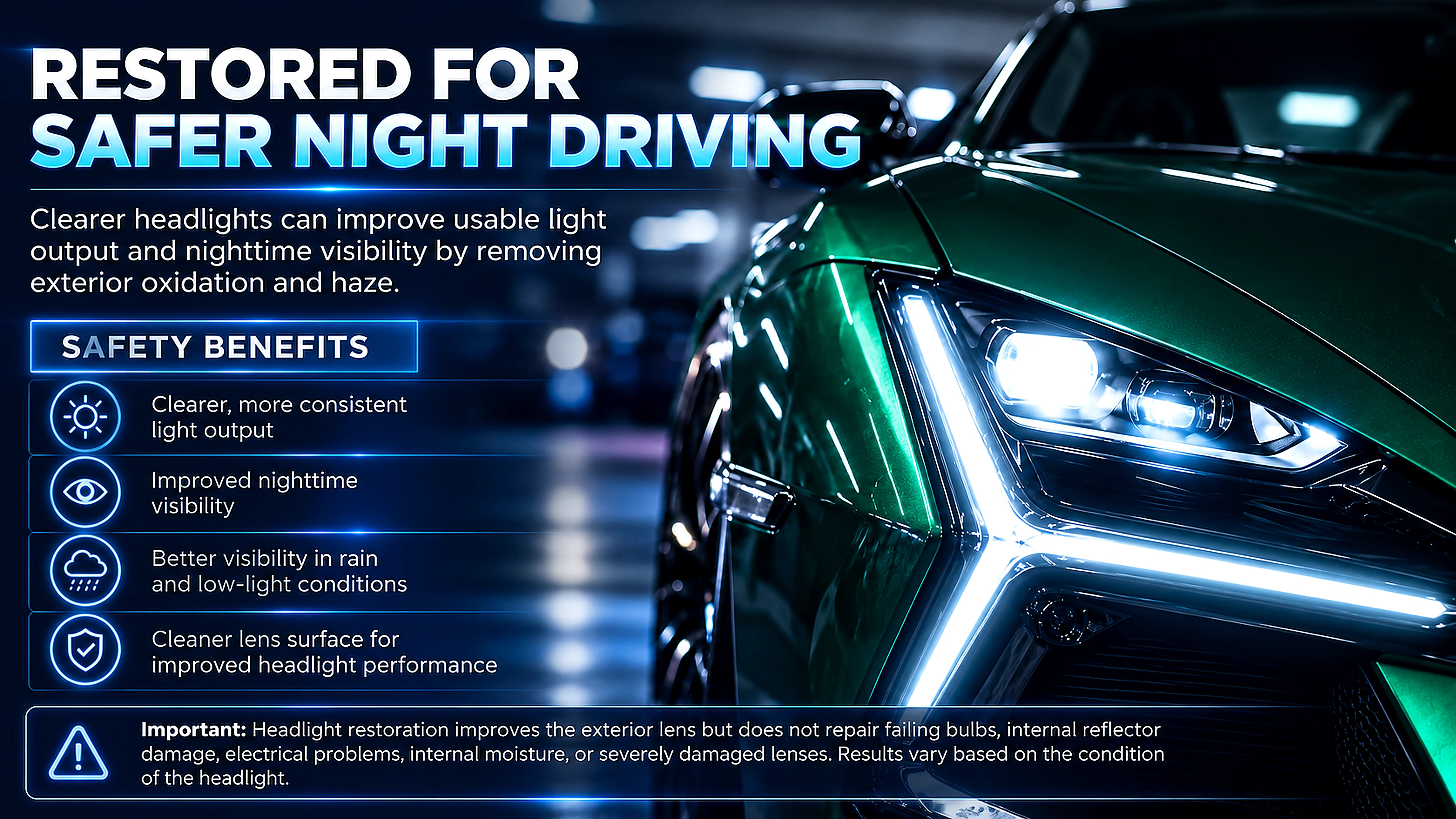 Safety benefits of headlight restoration: clearer light output, improved nighttime visibility, better visibility in rain